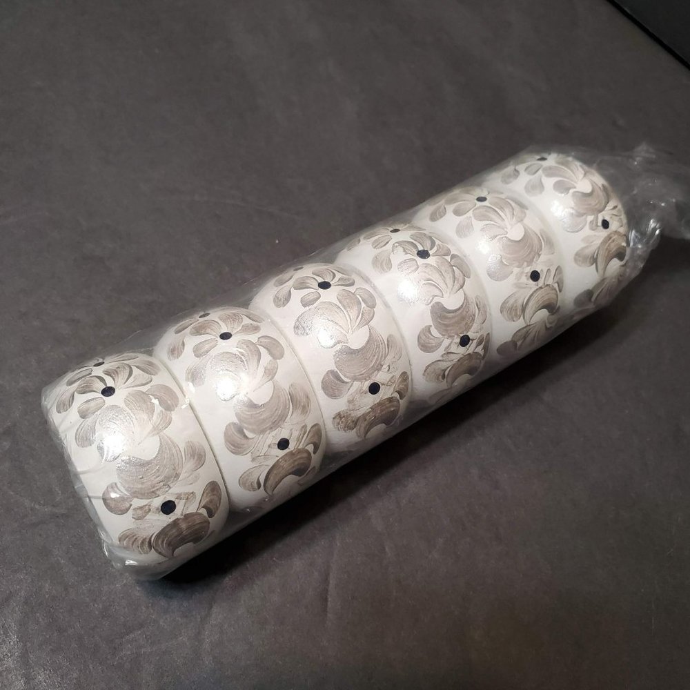 Painted Wooden Napkin Rings, Set of 6, NEW, White Silver Floral Hand Painted